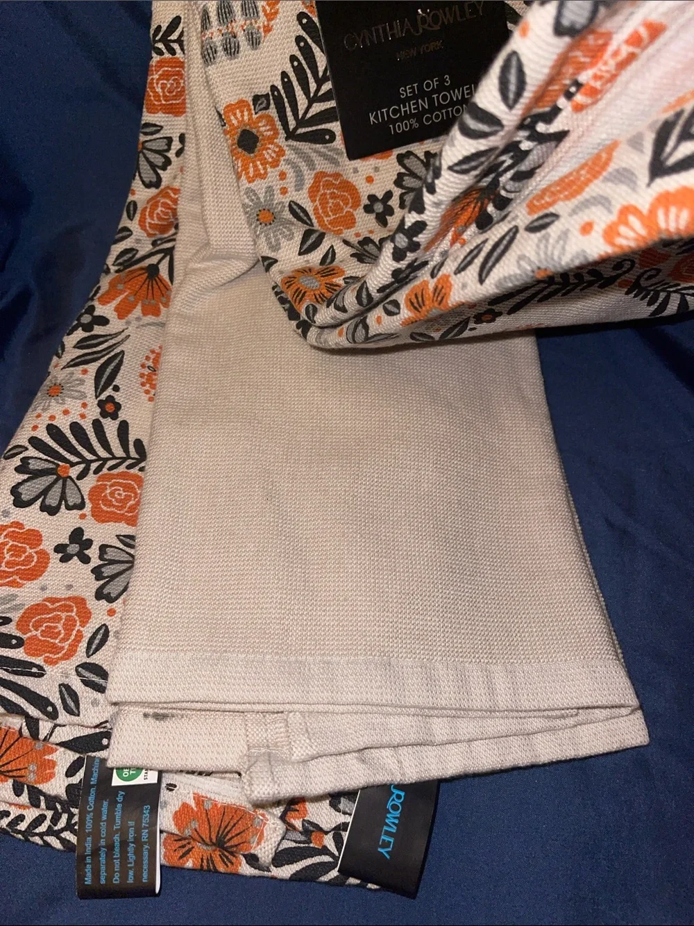 Cynthia Rowley Floral with Sugar Skulls Kitchen Towels - Orange & Black on Cream